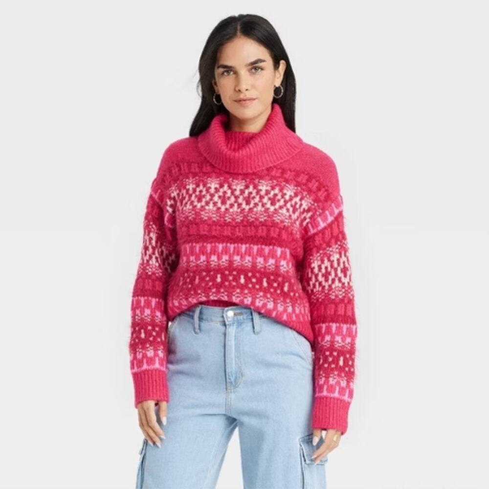 Universal Thread Pink Fair Isle Turtleneck Sweater Women's Small‎ NWT Fall 2023
